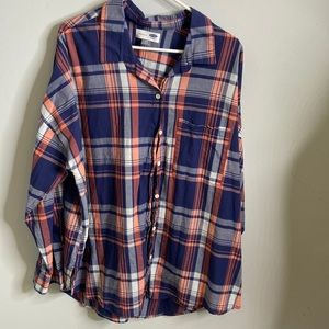 Navy blue and coral plaid button down